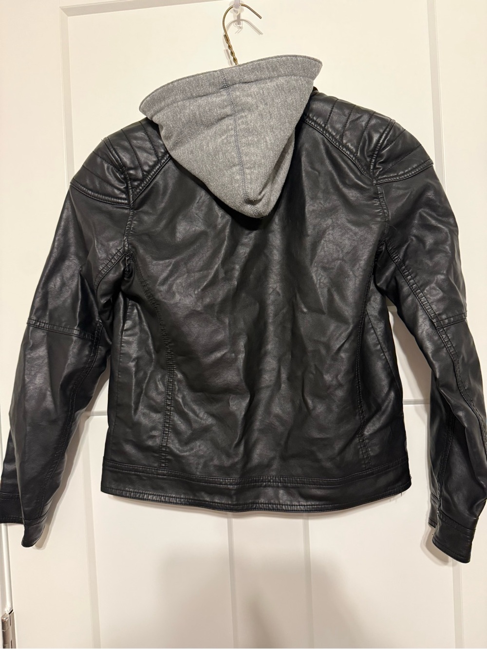 H&M Black Faux-Leather Bomber Jacket with Gray Hood - Picture 2 of 9